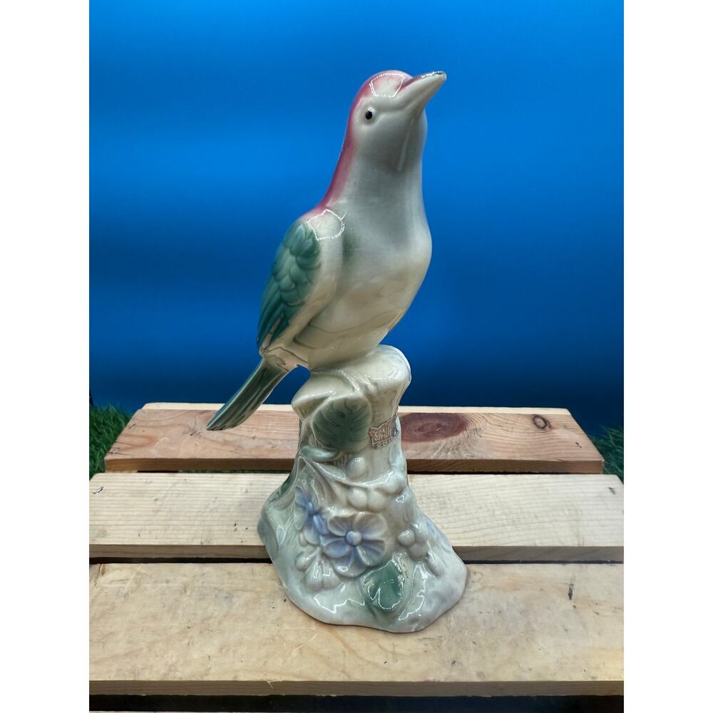 Vintage MCM Royal Copley Pink/Green Bird on Tree Stump Figurine- 6.25”
